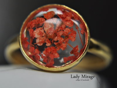 Echten Blüten 925 Sterling Silber - Vergoldet - Floral Ring - Rot - Naturschmuck - Handgefertigt - Liebes Geschenke - Weihnachtsgeschenk